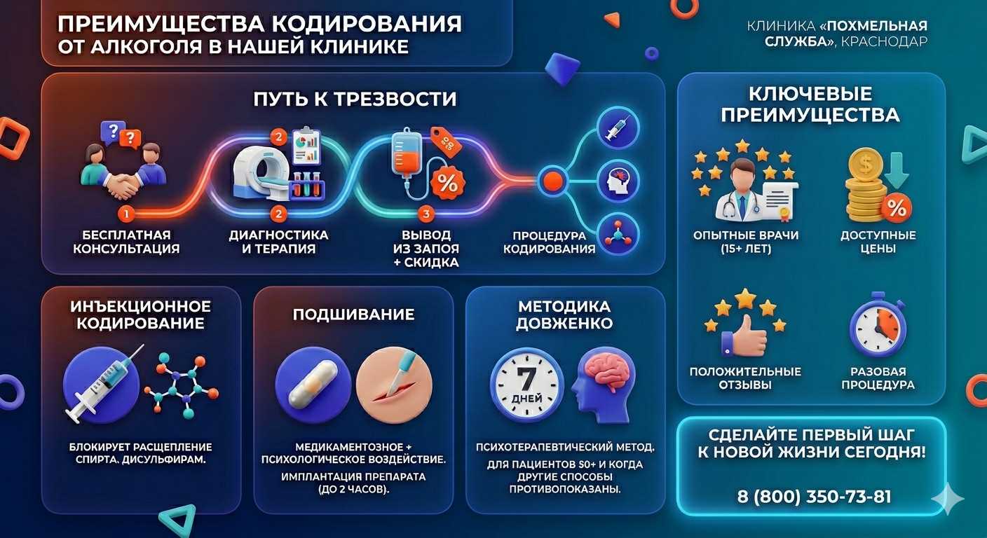 Инфографика о методах кодирования от алкоголя в Мирном: инъекции, подшивание, метод Довженко. Преимущества клиники и этапы лечения.